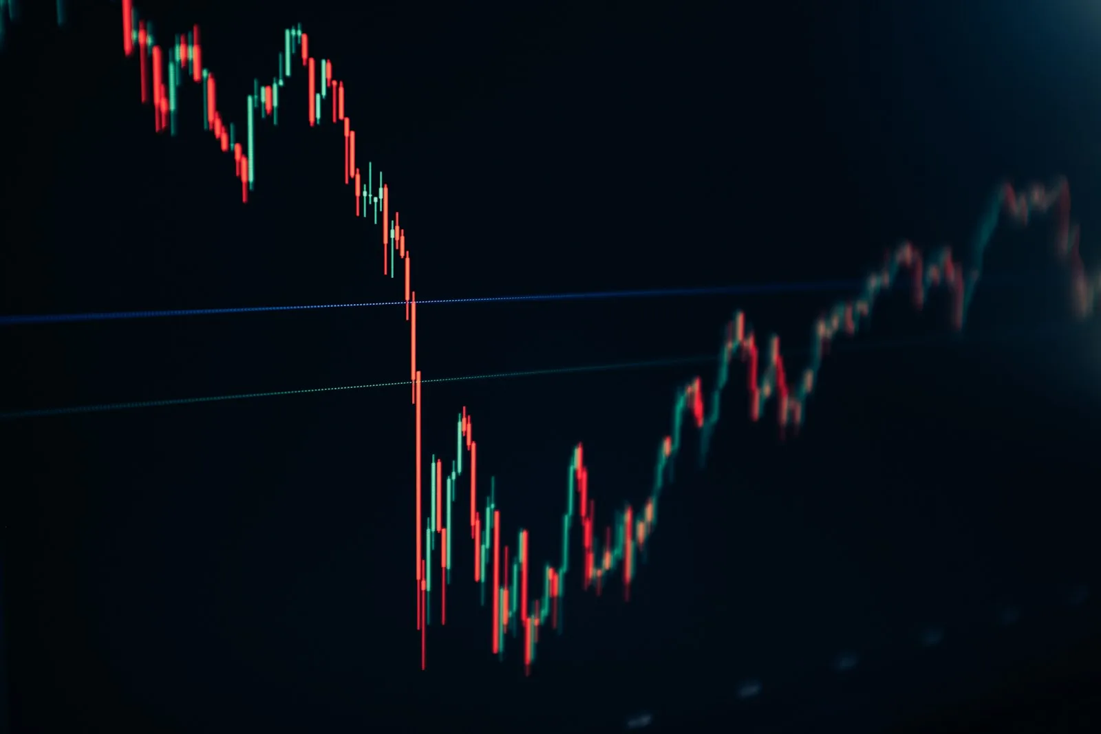 Candlestick stock chart with red and green bars on a dark screen