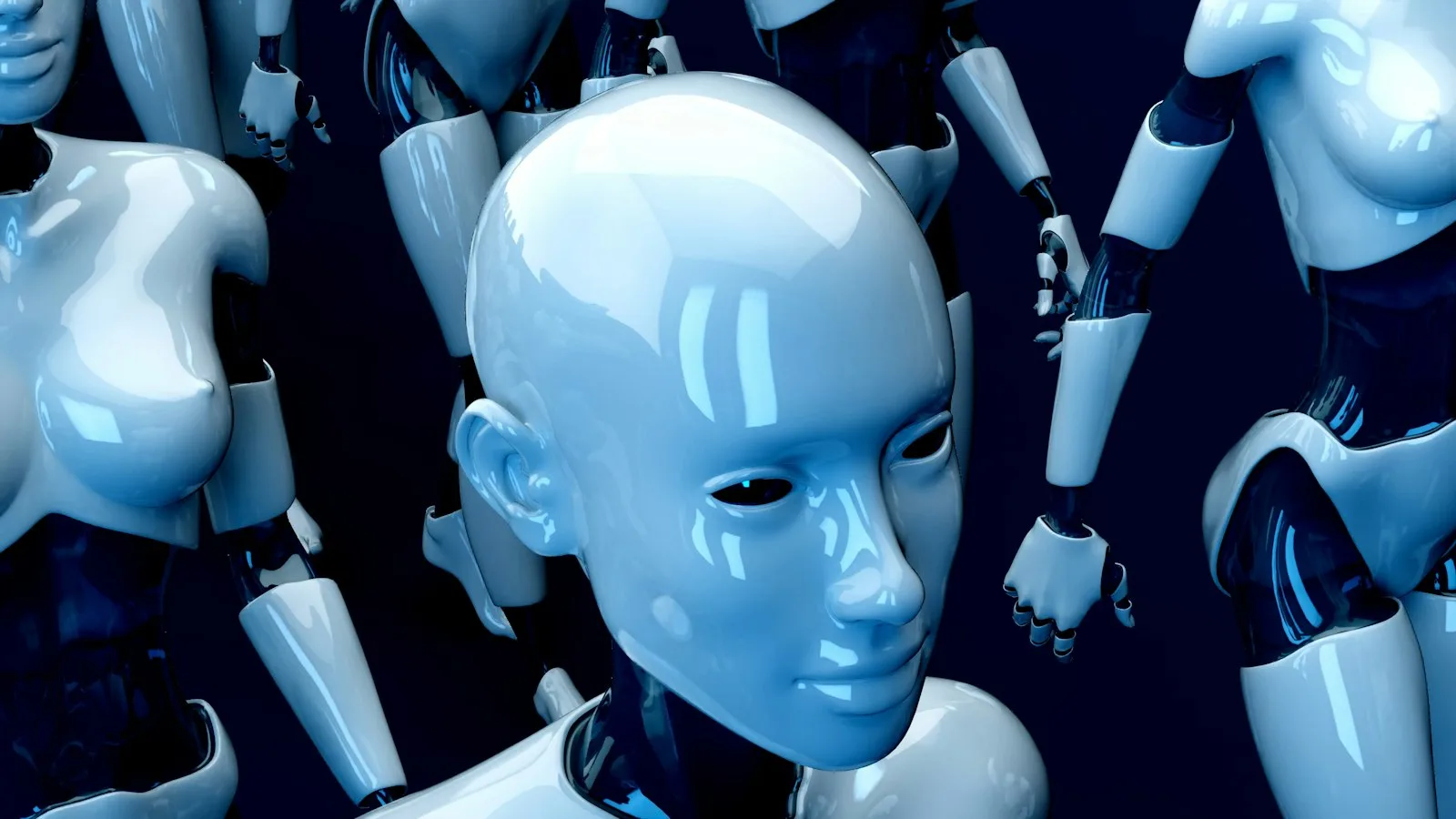 Group of glossy white humanoid robots against a dark blue background