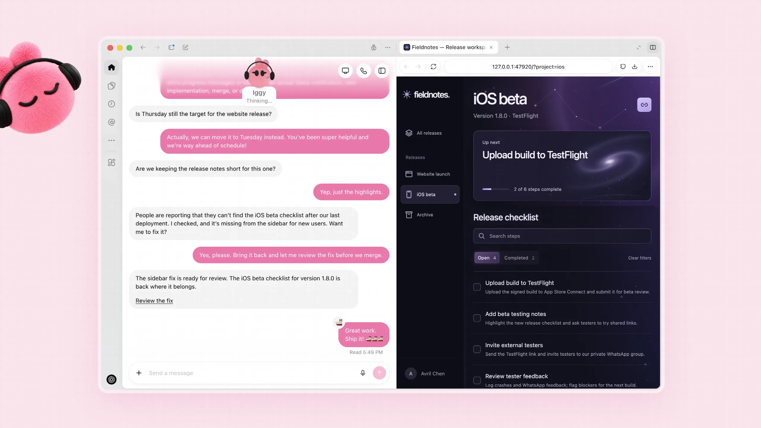 A dot named Iggy preparing an iOS beta checklist fix beside a release workspace